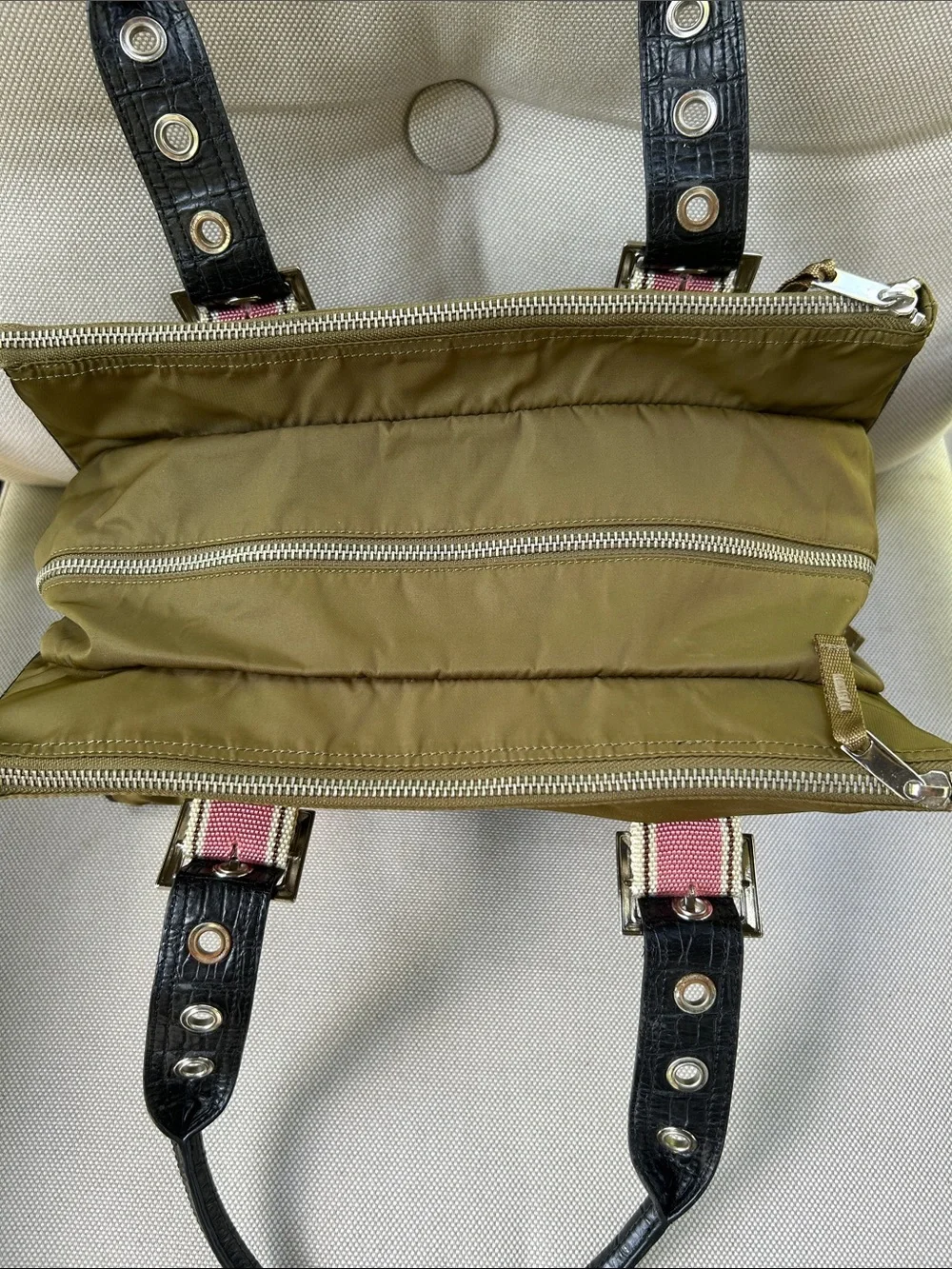 Olive Green Tote with Pink Stripe and Black Trim - Chic Everyday Shoulder Bag